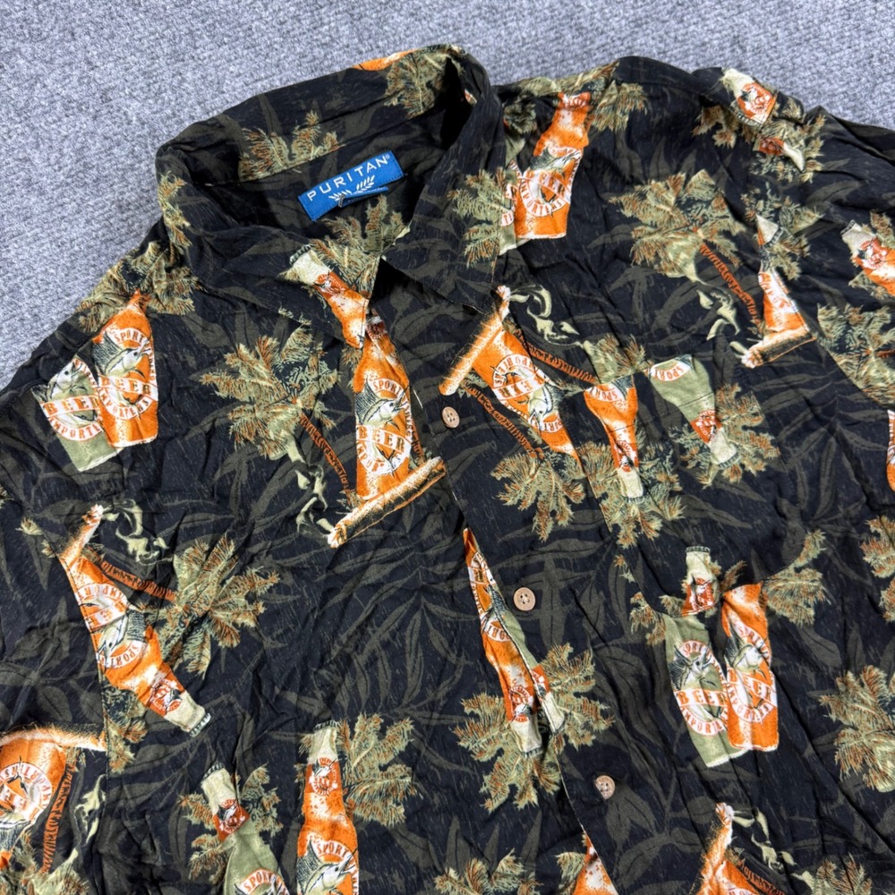 Puritan Button Down Shirt Large Black Beer Palm Tree Tropical Rayon Mens